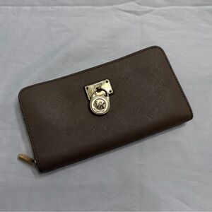 Michael Kors Brown Leather Zip Around Wallet Gold Logo